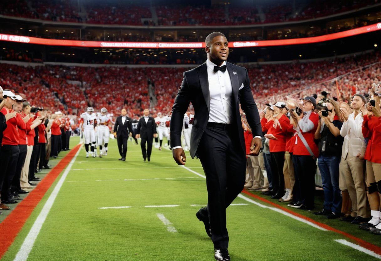 A dynamic split scene showcasing Reggie Bush on a football field in his sports gear on one side and in a sleek tuxedo on a glamorous red carpet on the other. The background features a lively stadium on one side and a bright spotlight on the other, symbolizing the crossroads of sports and fame. Add a cheering crowd in the stadium and flashing cameras on the red carpet. The overall tone should evoke energy and elegance. vibrant colors. super-realistic. 3D.