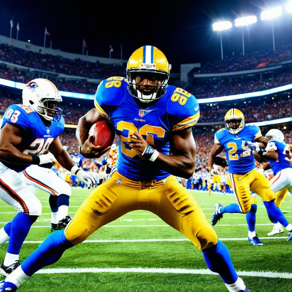 A dynamic collage featuring Reggie Bush in action during a football game, surrounded by football memorabilia and celebrity icons, with vibrant stadium lights illuminating the scene. Add elements showcasing football culture, like fans in team colors and iconic stadiums in the background. Overlay text snippets of his insights for an engaging touch. super-realistic. vibrant colors. 3D.