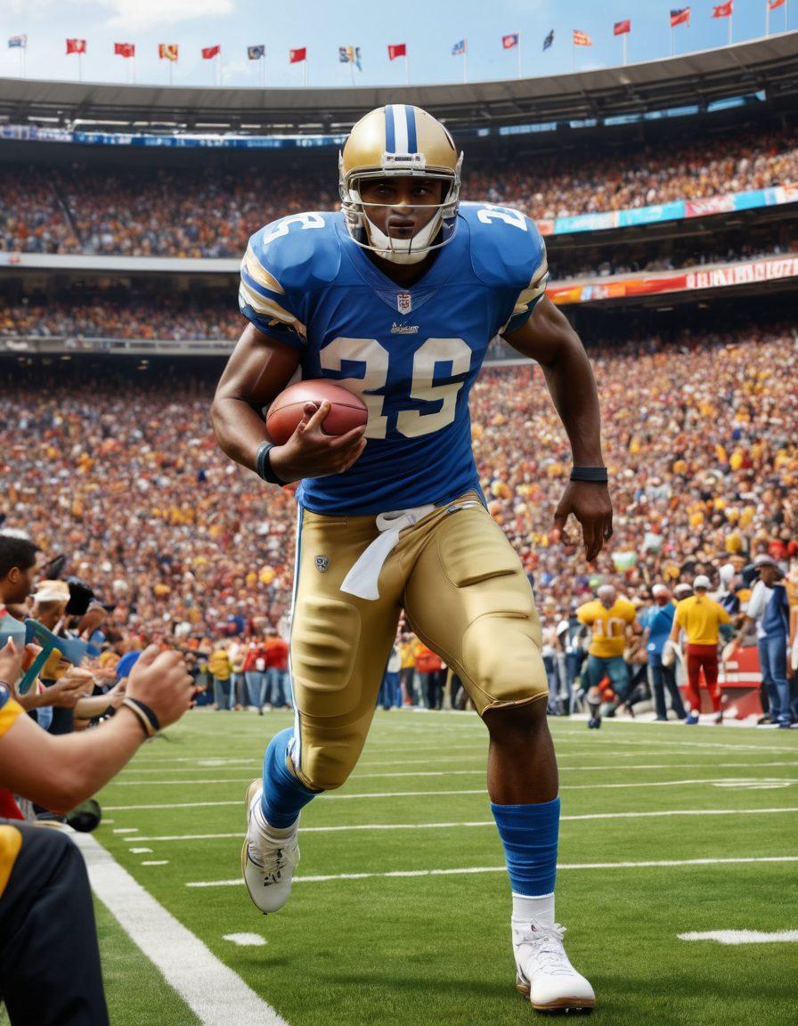 A dynamic scene capturing Reggie Bush in a stadium, surrounded by passionate fans wearing vintage football jerseys, cultural memorabilia, and iconic football memorabilia. Highlight the emotions of joy and nostalgia on the faces of fans, with vibrant colors to emphasize the energy of game day. Include elements like a giant scoreboard and a lively atmosphere, reflecting football culture. super-realistic. vibrant colors. 3D.
